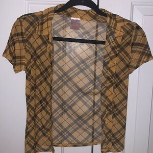 Women’s Yellow Plaid Mesh Material Button Up Shirt